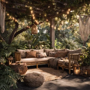 Create a serene outdoor garden lounge featuring bamboo furniture...
