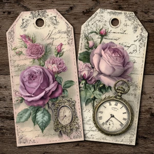 Victorian Mauve Rose Timepiece Tags – 2 Large Tags (Pocket Watch...
