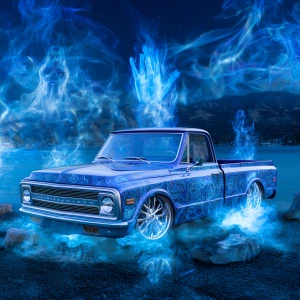 A classic chrome  blue  paisley  print C10 truck with custom rim...