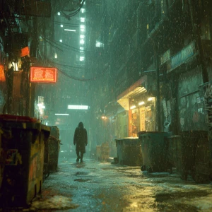 Cyberpunk city street. Medium shot. A lone figure in tattered ho...