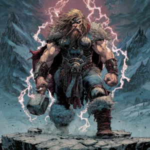 Full-body portrait of Thor, Norse god of thunder, standing in a...