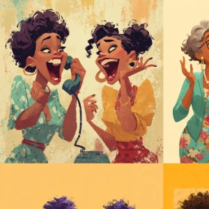 Generate a split-screen illustration featuring two lively carica...