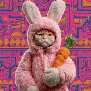 A humanoid cat dressed in a fluffy pink bunny costume, complete...