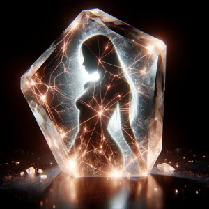Кристалл сияющий с трещинами, внутри видны силуэт девушки