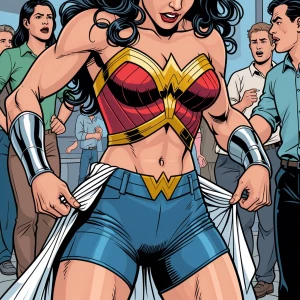 Illustrate a humorous scene where Wonder Woman's pants unexpecte...