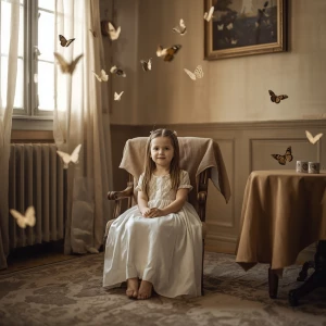 Niña pequeña de unos 5-6 años sentada en una silla de madera en...