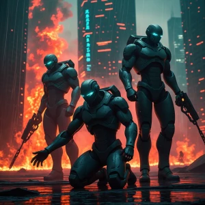 A squad of four cyborg soldiers, weathered and battle-scarred, s...