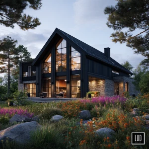 Create an image of a luxurious Scandinavian house exterior featu...