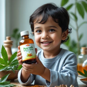 A realistic photo of a healthy, smiling child holding an ayurved...