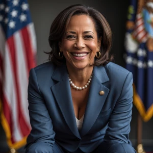 Vice President Kamala Harris Squats down smiling