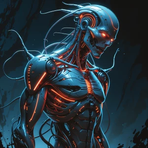 A nightmarishly dazzling cyborg, its metallic body twisted and c...