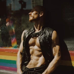 This is an outdoor photograph featuring a ginger muscular, adult...