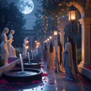Beneath a silver moon, a walled garden of pale marble glimmers l...
