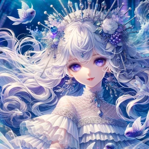 Woman with white long hair,purple eyes. White short dress with t...