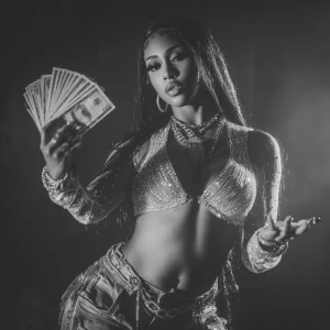 Make a bold professional style album cover art for female rapper...