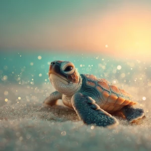A baby sea turtle named Coco is peacefully sitting on a sandy be...