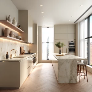 Ultra-realistic photo of a modern luxury kitchen inside the same...