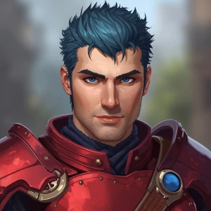 human man with blue eyes and short blue hair wearing red armor