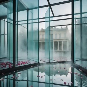 Mist Chamber of Floating Glass
A mist-filled room where clear gl...
