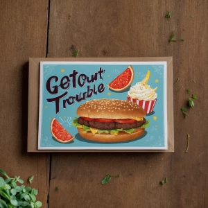 Design a whimsical and vibrant "Get Out of Trouble Free Card" ca...