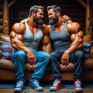 Two muscular men, John and Bobby, both with beards, displaying a...