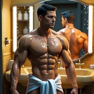 Generate an image of a muscular man with short dark hair. The sc...