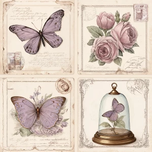 Victorian Mauve Rose Butterflies – 4 Cards (Antique Specimens)...