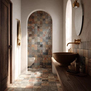 Generate a detailed image of a small Mediterranean bathroom feat...