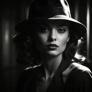 Create a black and white portrait of a woman inspired by film no...