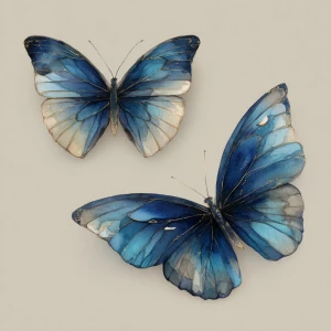 Prompt: Dark blue Morpho menelaus top-view and 3/4-view; delicat...