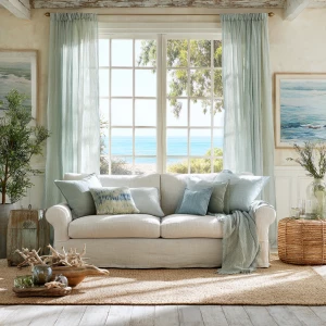 Generate a bright and airy editorial photograph of a coastal liv...