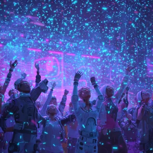 Crowd of diverse futuristic avatars celebrating at a digital con...