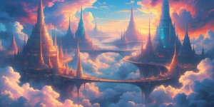 A mesmerizing ethereal city hovers amidst the clouds, its elabor...
