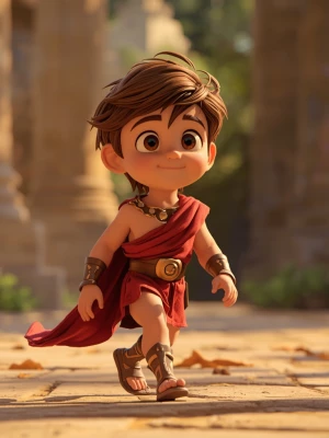 Stylized cartoon / Pixar-inspired scene, Hercules as a 7-8 year...