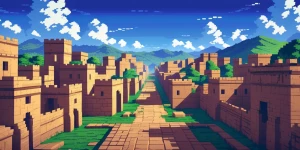 pixel art 128bit image that shows ancient town
