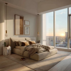 Ultra-realistic photo of a luxury master bedroom in a modern apa...