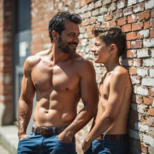 A father and his son, both shirtless,leaning against a weathered...