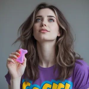 Hair: Long, wavy brown hair with a natural center part. It has s...