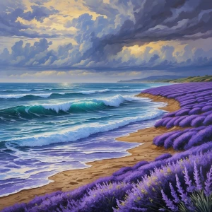 Ocean waves frozen in time, metallic tones Storm over lavender f...