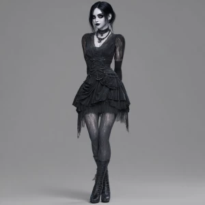 Generate an image of a goth girl with dark makeup, featuring her...