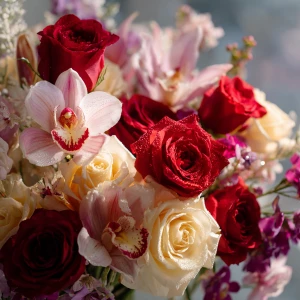 A breathtaking arrangement of vibrant, fresh flowers in soft nat...