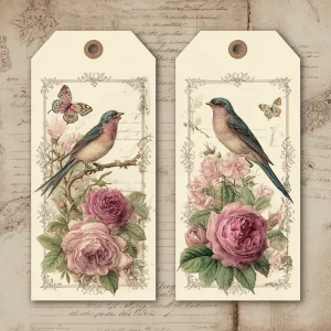 Victorian Mauve Rose Ephemera – 2 Large Tags (Antique Roses & Bi...