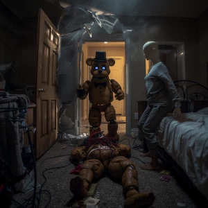 A chaotic, wide shot of a bedroom at night. The wooden door has...