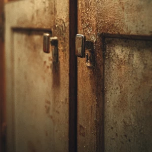 Capture an intimate view of worn-out kitchen cabinets showcasing...