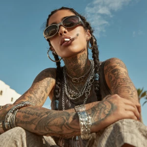 Young Moroccan woman, black hair in braids, built like mountain...