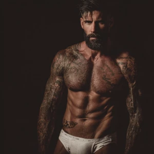 A muscular bodybuilder with a deep tan, dark hair, thick beard,...