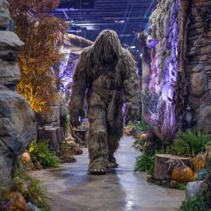 Show a humanoid looking haircovered  Sasquatch walking through a...