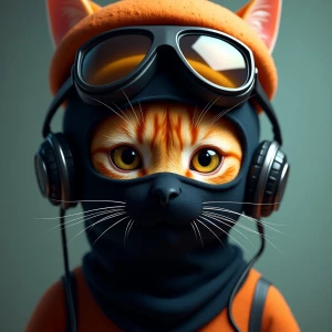 A wide-eyed ginger cat wearing a black tactical balaclava (or ma...