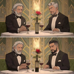 Make two bodybuilder men both gray hair one with long wavy hair...