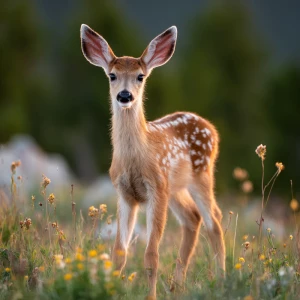 Baby white-tailed fawn standing in lush alpine meadow in Rocky M...